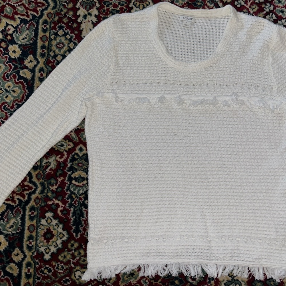 J. Crew White Cotton Open Knit Long-Sleeve Fringe Sweater Style L3537 Size Large